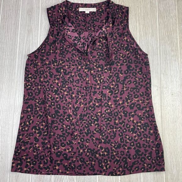 Loft. Purple Sleeveless Button Up Tied Collar Polka Dot Print Blouse Top Small - Picture 1 of 12